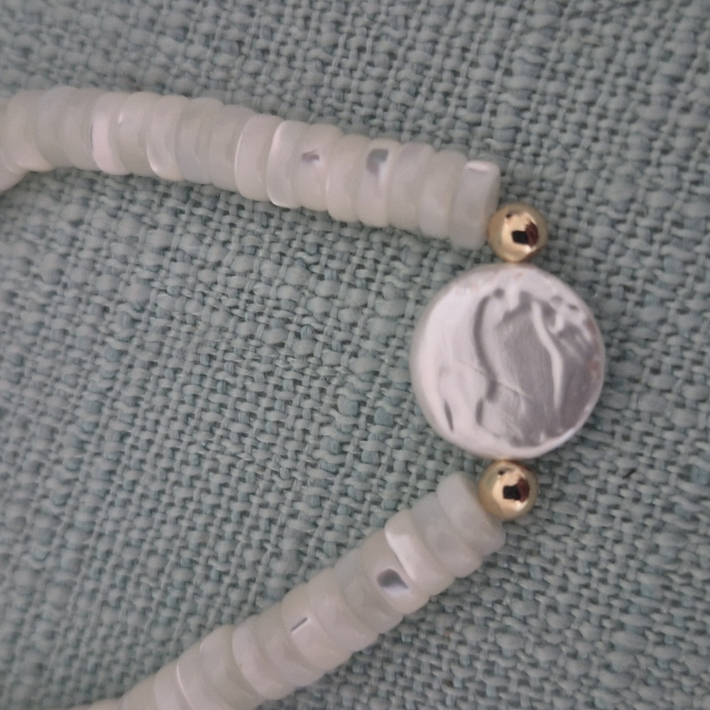 Natural Mother.of Pearl White Slices Of Pearl Rings & Pearl Coin Choker,Braclet - Picture 7 of 7